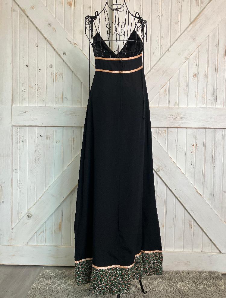 70's Vintage Gunne Sax Black Green Red Gold Calico Shoulder Ties Halter Prairie Sundress Maxi Dress 9