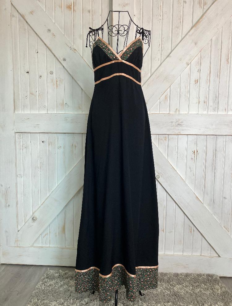 70's Vintage Gunne Sax Black Green Red Gold Calico Shoulder Ties Halter Prairie Sundress Maxi Dress 9