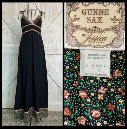 70's Vintage Gunne Sax Black Green Red Gold Calico Shoulder Ties Halter Prairie Sundress Maxi Dress 9