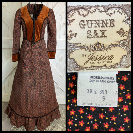 70's Vintage Gunne Sax Brown Black Red Yellow Calico Velvet Corset Prairie Maxi Dress 9