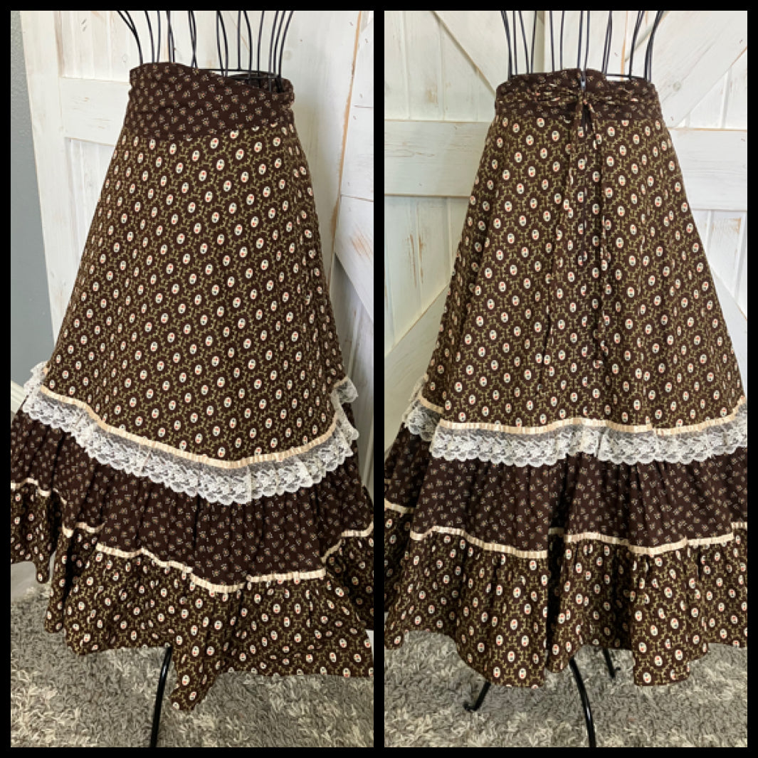 70's Vintage Gunne Sax Jessica's Gunnies Brown Pink Blue Calico Prairie Midi Skirt 9