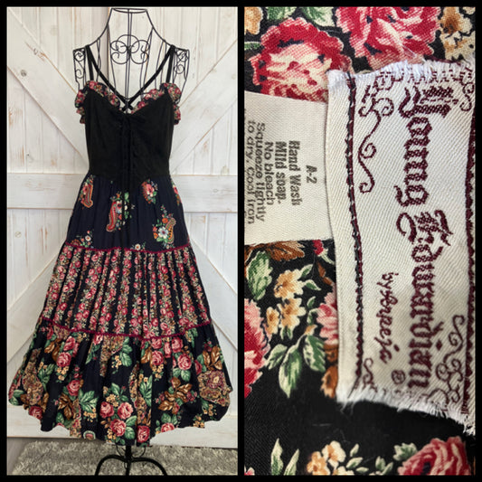 70's Vintage Young Edwardian Black Red Green Cabbage Rose Prairie Corset Sundress Midi Dress