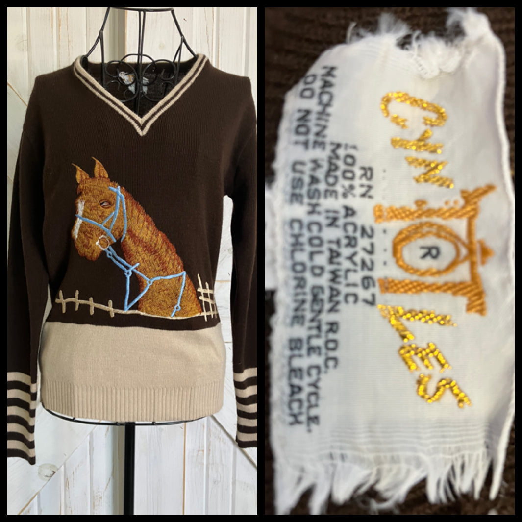 60's Vintage Cyn Les Brown Embroidered Horse Western Cowgirl V Neck Knit Sweater