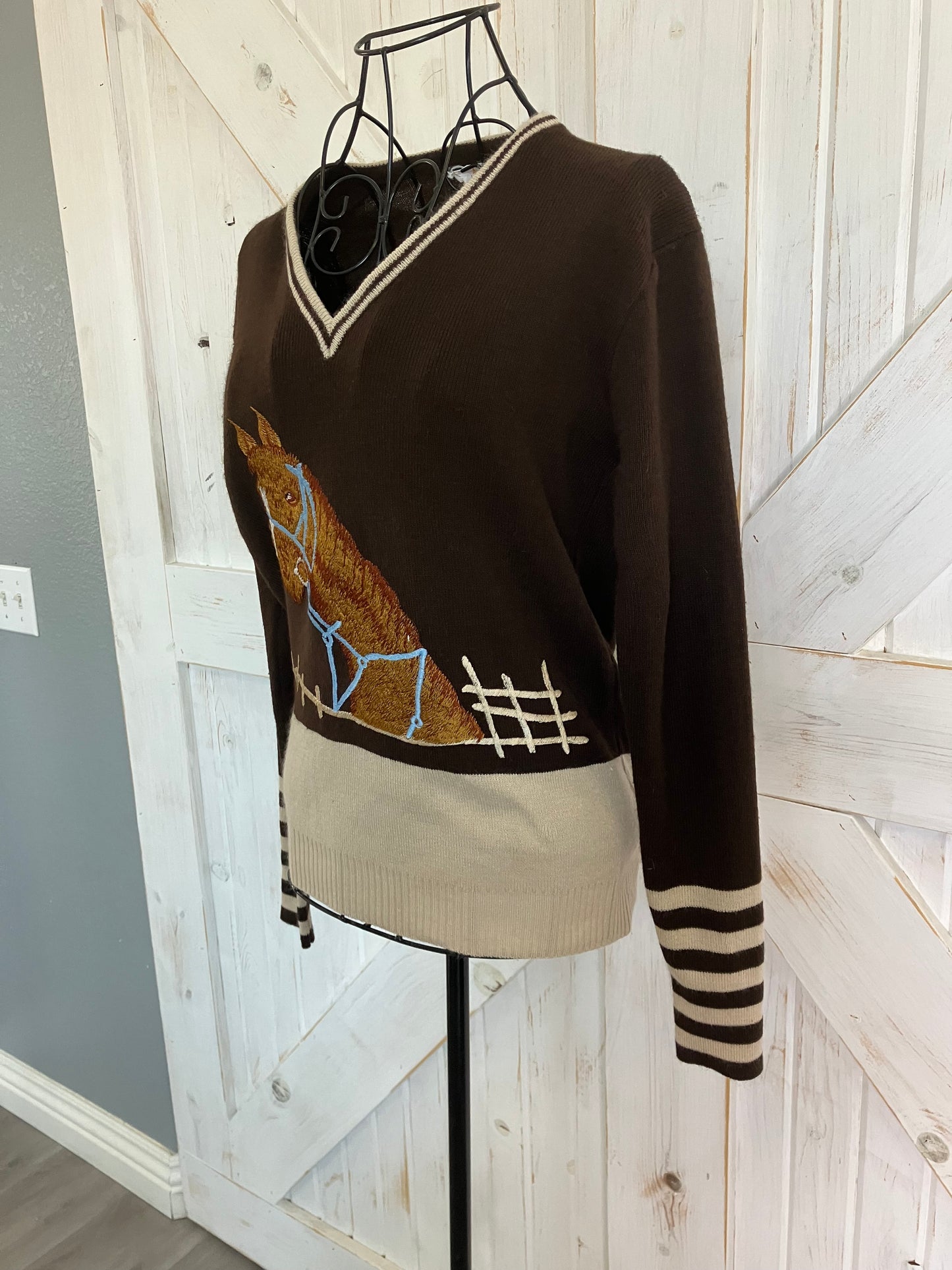 60's Vintage Cyn Les Brown Embroidered Horse Western Cowgirl V Neck Knit Sweater