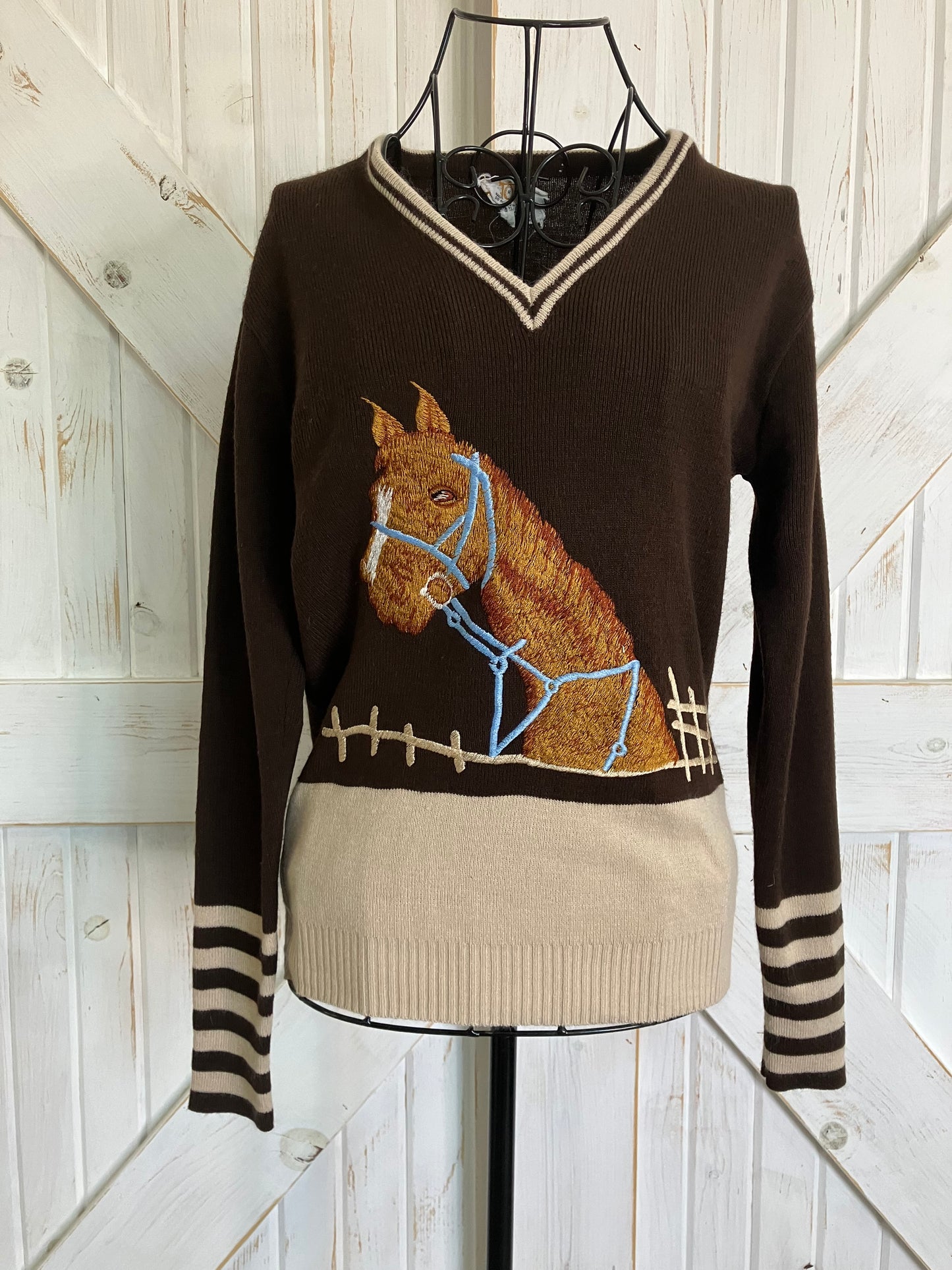 60's Vintage Cyn Les Brown Embroidered Horse Western Cowgirl V Neck Knit Sweater