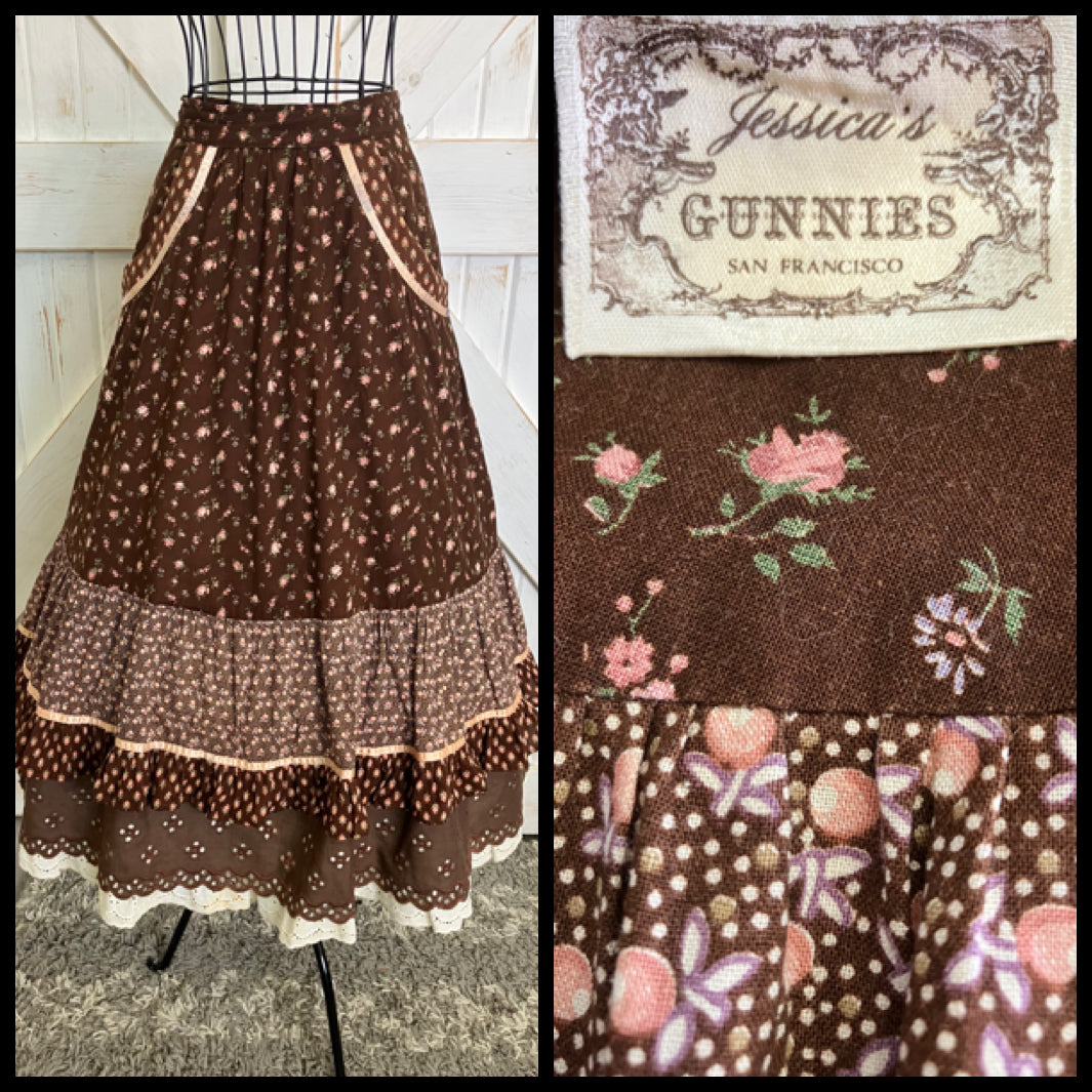 70's Vintage Gunne Sax Jessica's Gunnies Brown Pink Calico Rose Berry Prairie Midi Skirt *FLAWS