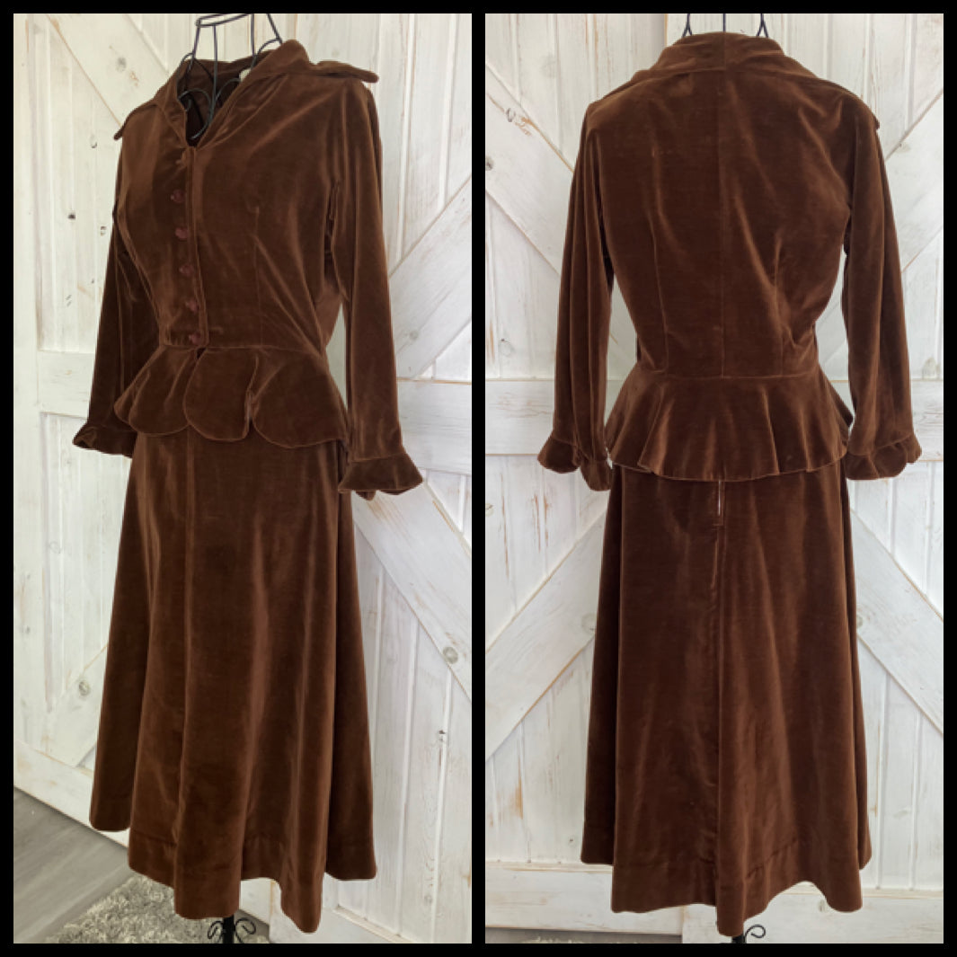 60's Vintage Jonathan Logan Brown Velvet Peplum Suit Jacket Skirt Set