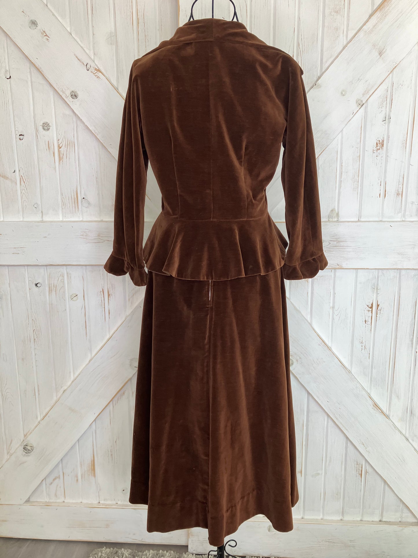 60's Vintage Jonathan Logan Brown Velvet Peplum Suit Jacket Skirt Set