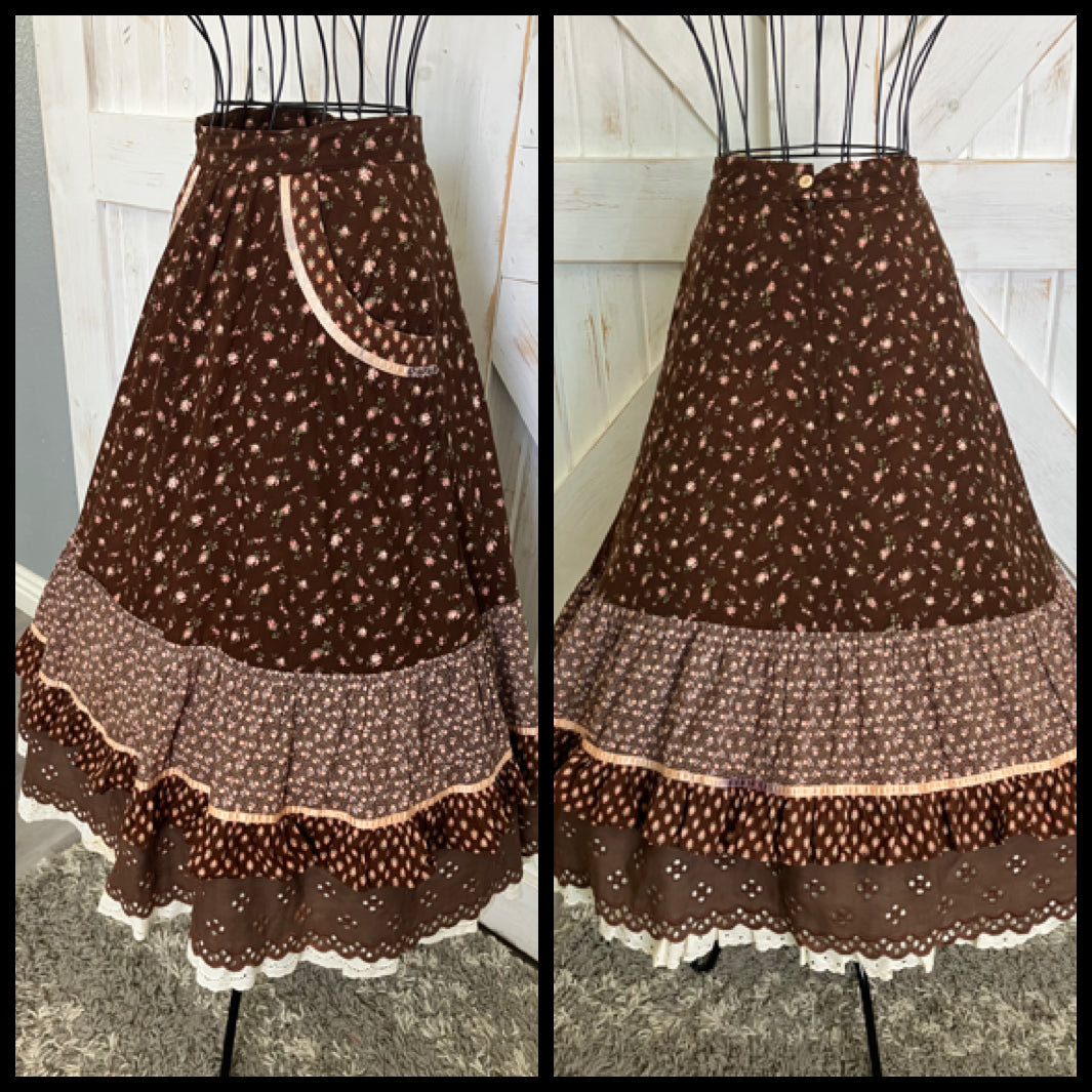 70's Vintage Gunne Sax Jessica's Gunnies Brown Pink Calico Rose Berry Prairie Midi Skirt *FLAWS