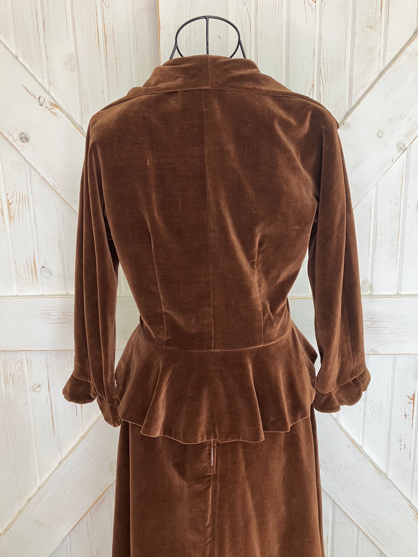 60's Vintage Jonathan Logan Brown Velvet Peplum Suit Jacket Skirt Set