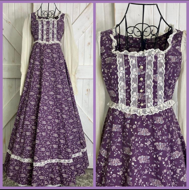 70's Vintage Gunne Sax Purple White Blue Floral Vine Church Town House on Hill Novelty Prairie Maxi Dress