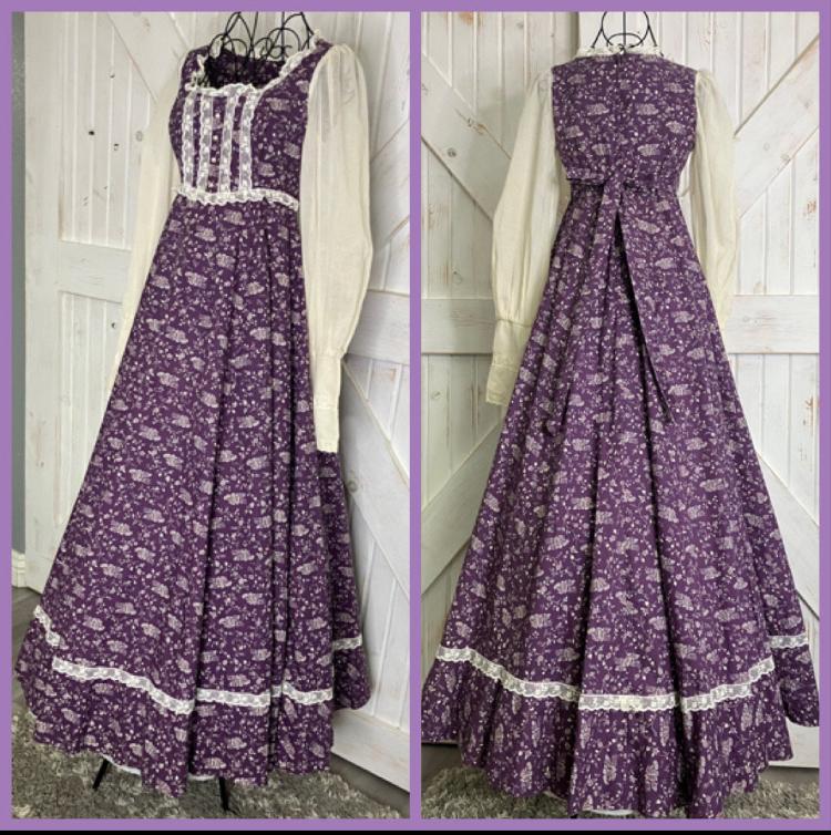 70's Vintage Gunne Sax Purple White Blue Floral Vine Church Town House on Hill Novelty Prairie Maxi Dress