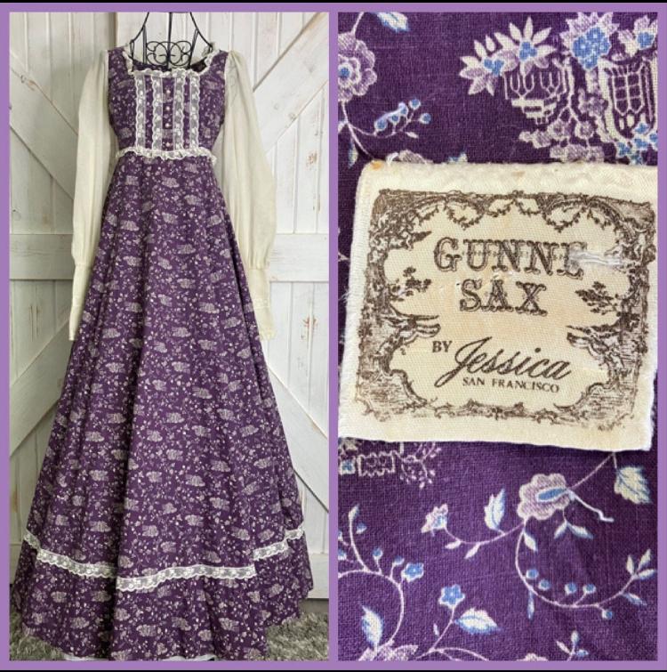 70's Vintage Gunne Sax Purple White Blue Floral Vine Church Town House on Hill Novelty Prairie Maxi Dress