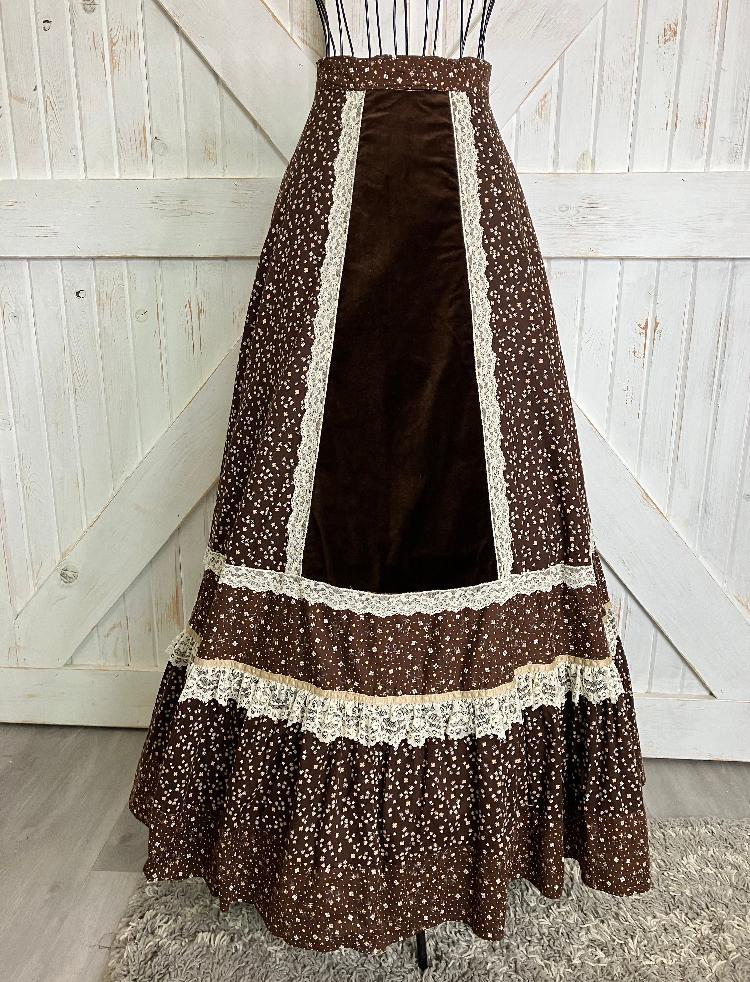 70's Vintage Gunne Sax Jessica's Gunnies Brown White Yellow Calico Velvet Lace Prairie Maxi Skirt 7