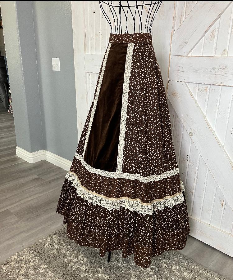 70's Vintage Gunne Sax Jessica's Gunnies Brown White Yellow Calico Velvet Lace Prairie Maxi Skirt 7