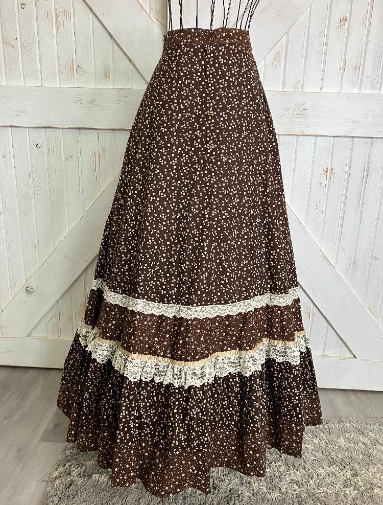 70's Vintage Gunne Sax Jessica's Gunnies Brown White Yellow Calico Velvet Lace Prairie Maxi Skirt 7