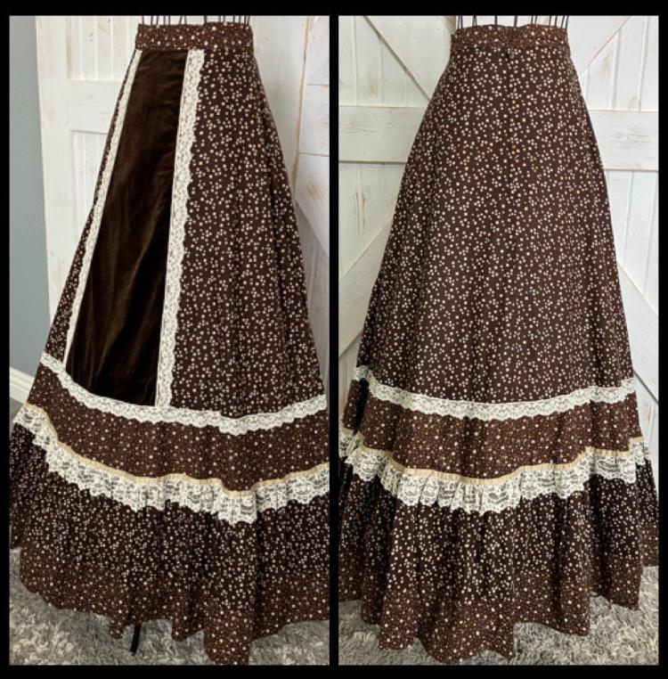 70's Vintage Gunne Sax Jessica's Gunnies Brown White Yellow Calico Velvet Lace Prairie Maxi Skirt 7