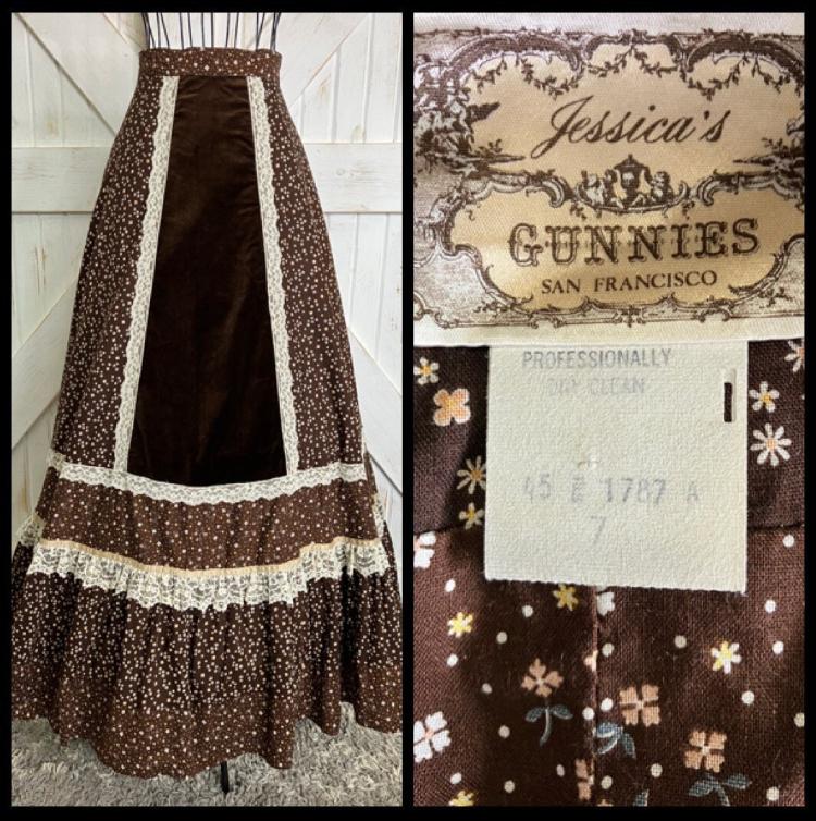 70's Vintage Gunne Sax Jessica's Gunnies Brown White Yellow Calico Velvet Lace Prairie Maxi Skirt 7