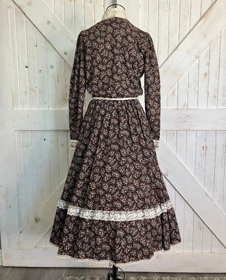 70's Vintage Gunne Sax Brown Red Purple Green White Calico Lace Blouse Top & Midi Skirt Set 9