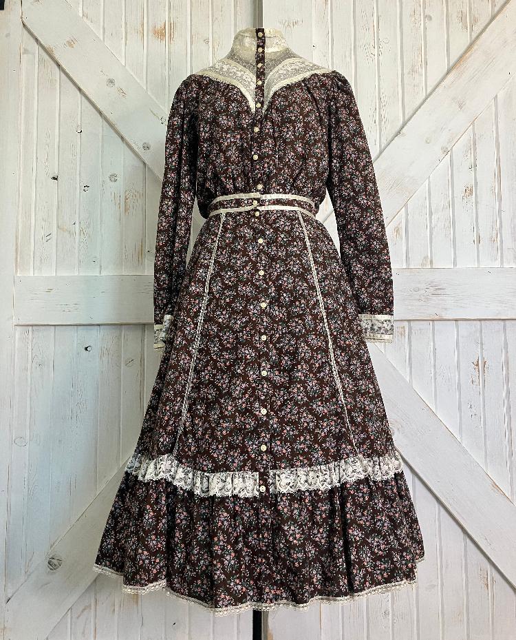 70's Vintage Gunne Sax Brown Red Purple Green White Calico Lace Blouse Top & Midi Skirt Set 9