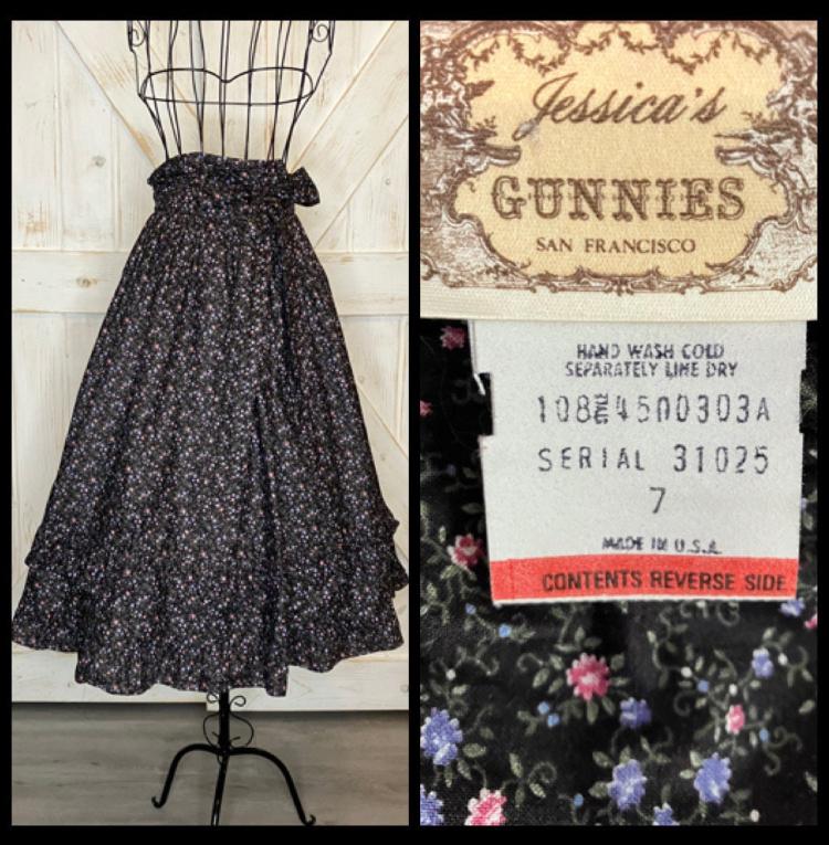 70's Vintage Gunne Sax Jessica's Gunnies Black White Pink Blue Green Calico High Waist Prairie Midi Skirt 7