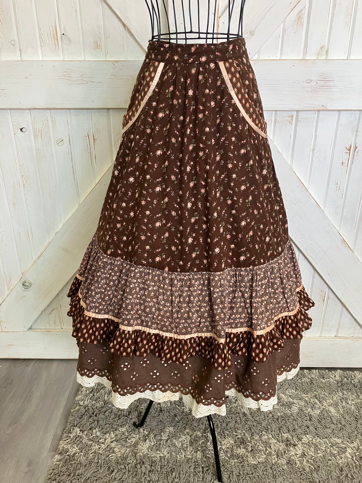 70's Vintage Gunne Sax Jessica's Gunnies Brown Pink Calico Rose Berry Prairie Midi Skirt *FLAWS