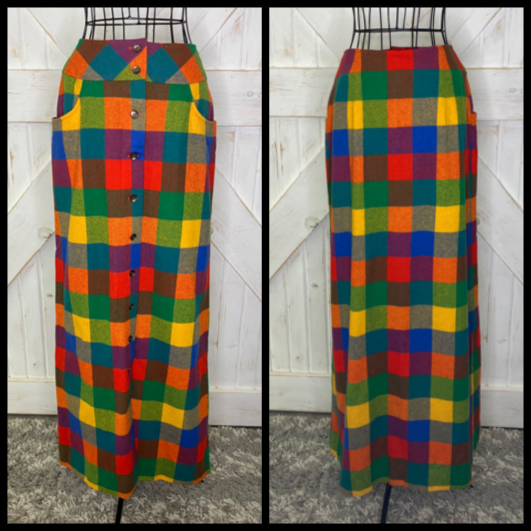 60's Vintage Miss Pat Rainbow Plaid Red Blue Green Yellow Mod Marsha Brady Wool Maxi Skirt