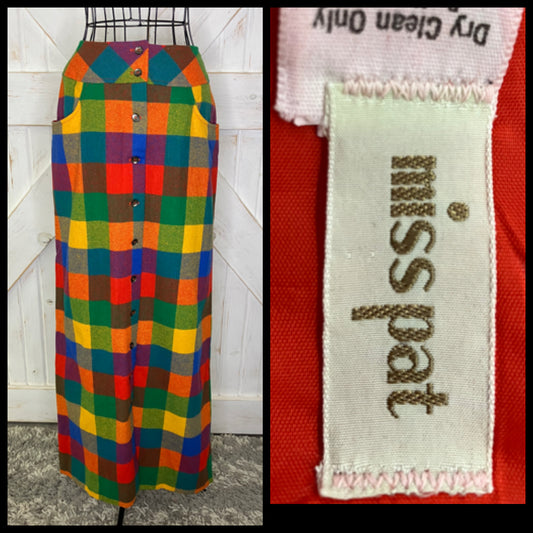 60's Vintage Miss Pat Rainbow Plaid Red Blue Green Yellow Mod Marsha Brady Wool Maxi Skirt