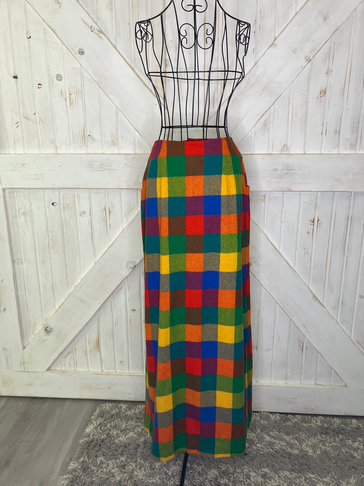 60's Vintage Miss Pat Rainbow Plaid Red Blue Green Yellow Mod Marsha Brady Wool Maxi Skirt