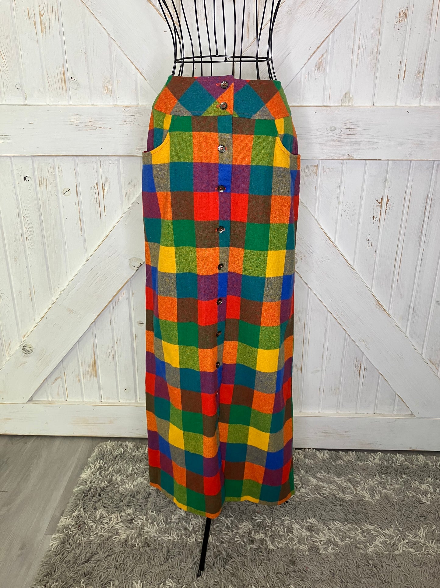 60's Vintage Miss Pat Rainbow Plaid Red Blue Green Yellow Mod Marsha Brady Wool Maxi Skirt