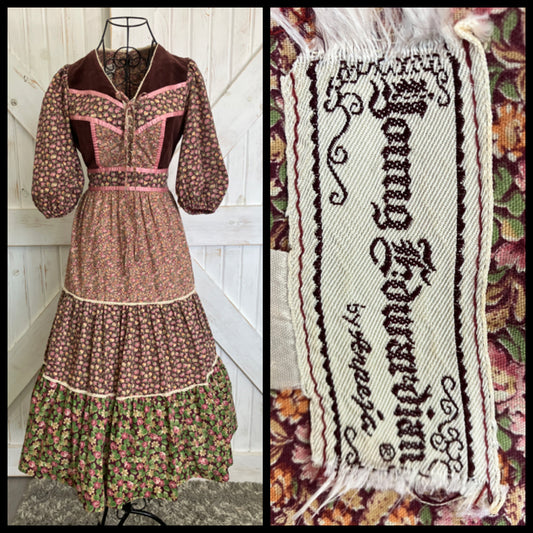 70's Vintage Young Edwardian Arpeja Pink Brown Green Calico Roses Velvet Corset Prairie Midi Dress