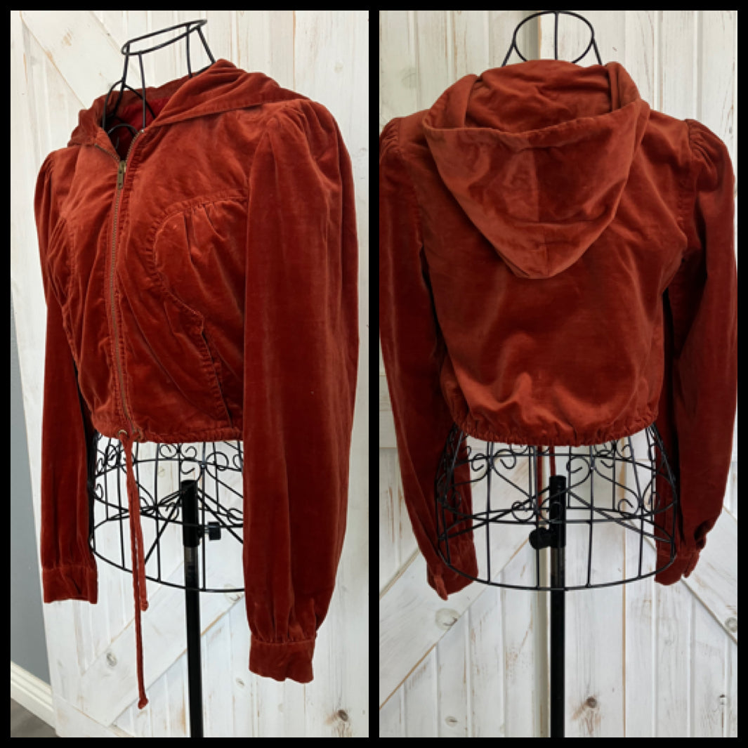 70's Vintage Strawberry Plant Dorothy Schoelen Burnt Orange Velvet Crop Hoodie Hippie Jacket