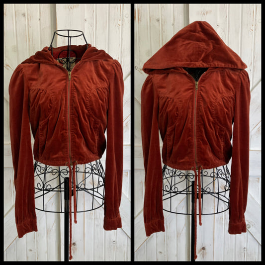 70's Vintage Strawberry Plant Dorothy Schoelen Burnt Orange Velvet Crop Hoodie Hippie Jacket