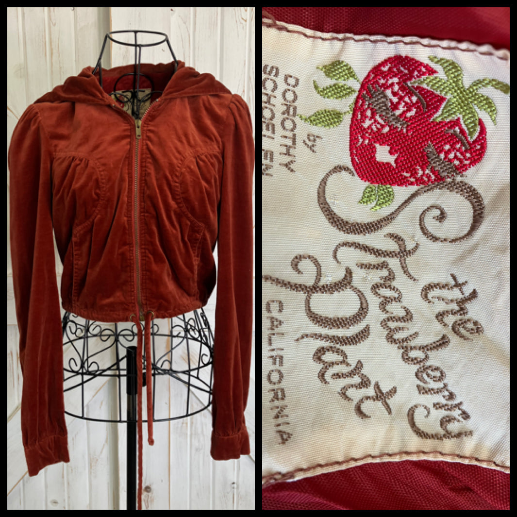 70's Vintage Strawberry Plant Dorothy Schoelen Burnt Orange Velvet Crop Hoodie Hippie Jacket