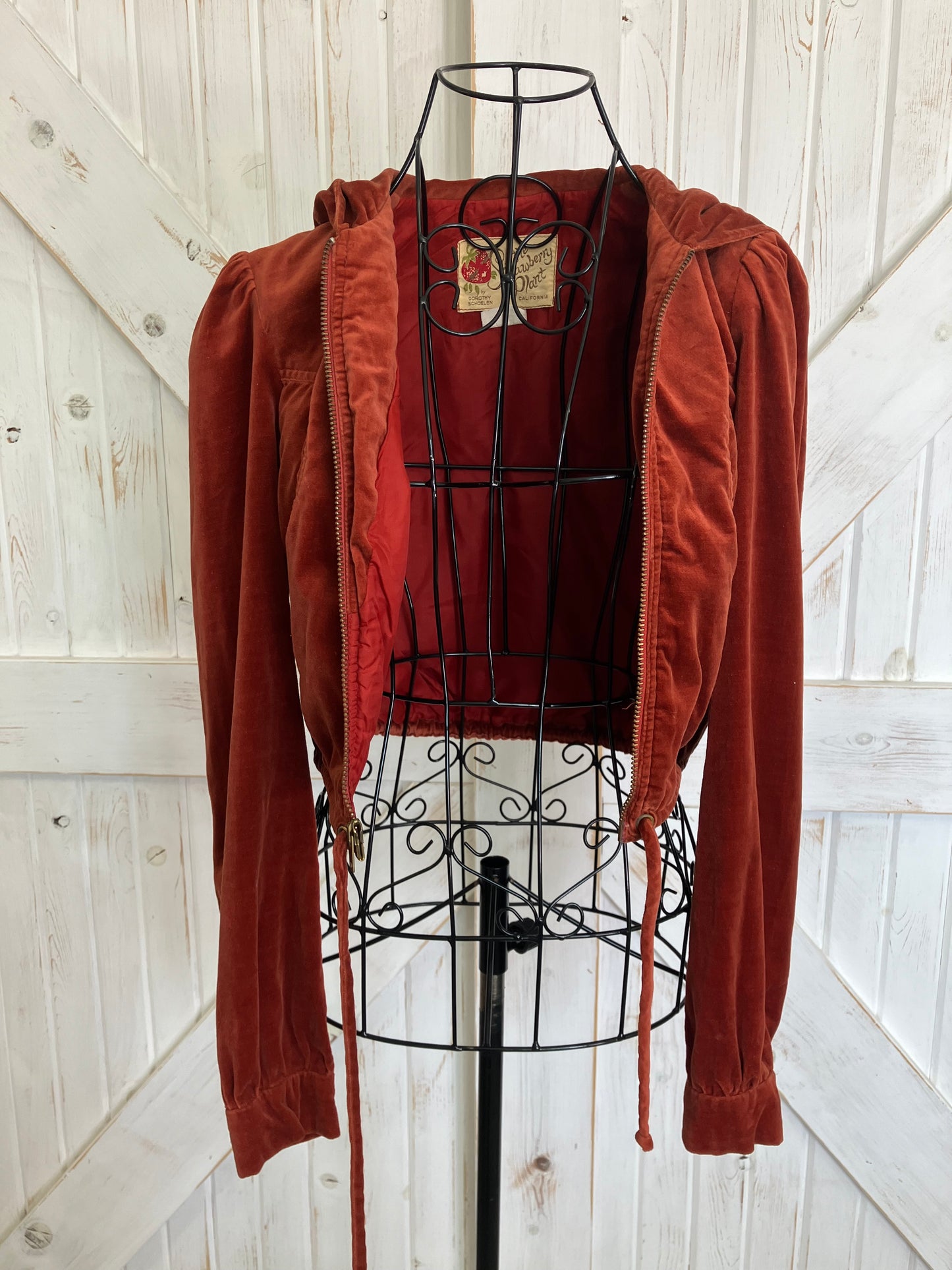 70's Vintage Strawberry Plant Dorothy Schoelen Burnt Orange Velvet Crop Hoodie Hippie Jacket