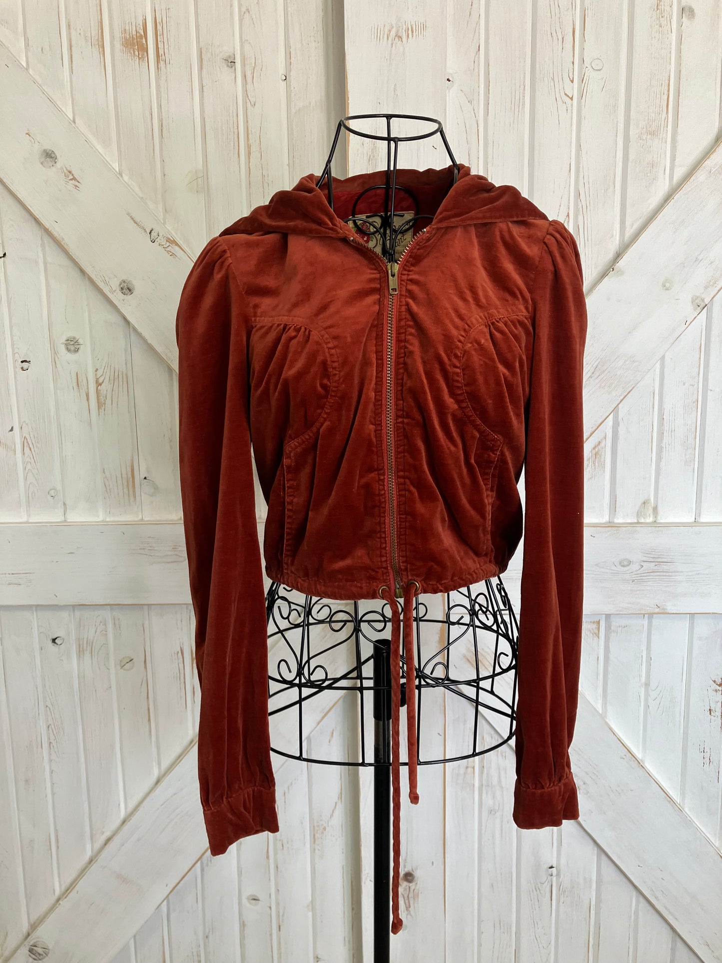 70's Vintage Strawberry Plant Dorothy Schoelen Burnt Orange Velvet Crop Hoodie Hippie Jacket