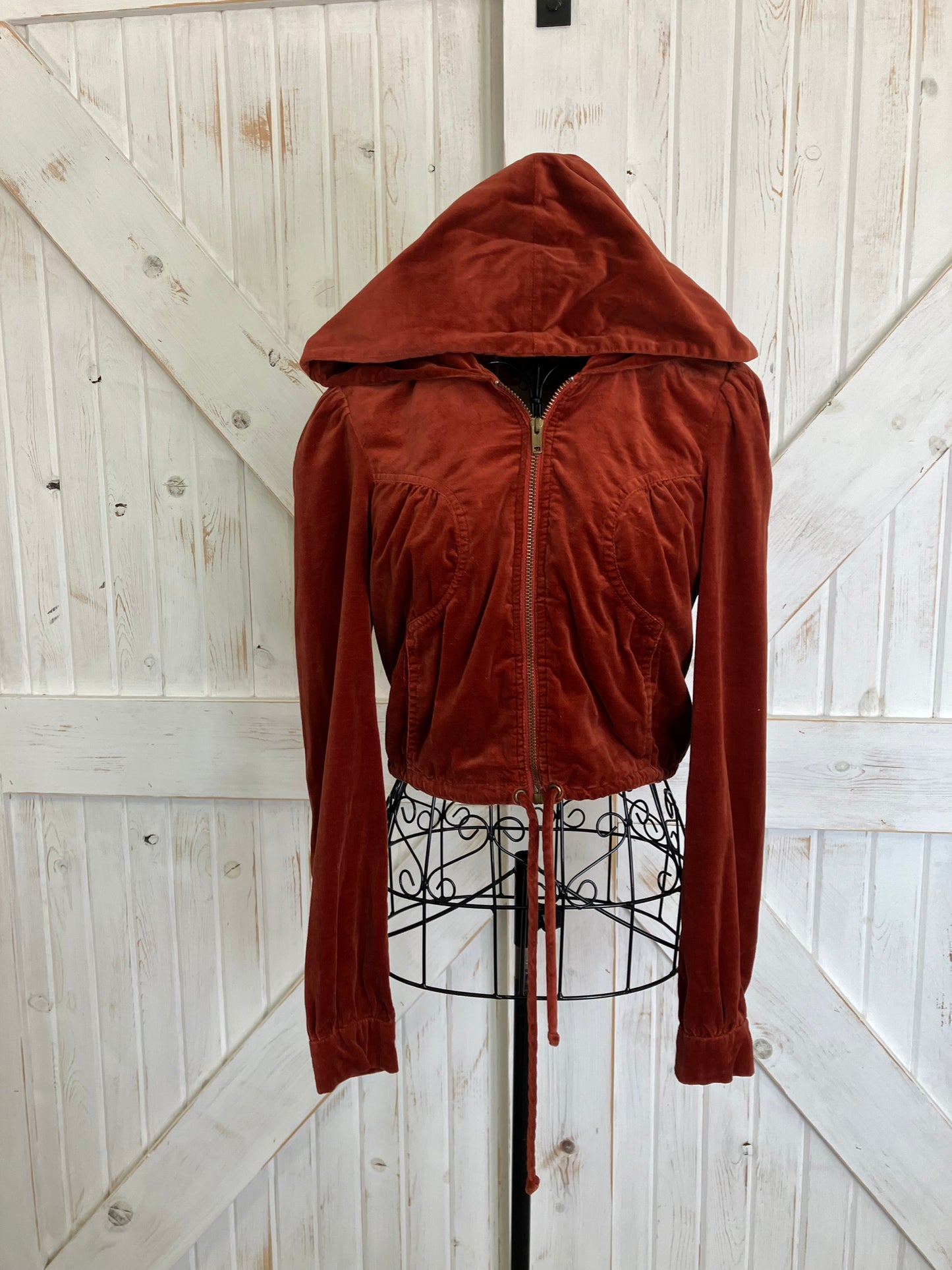 70's Vintage Strawberry Plant Dorothy Schoelen Burnt Orange Velvet Crop Hoodie Hippie Jacket