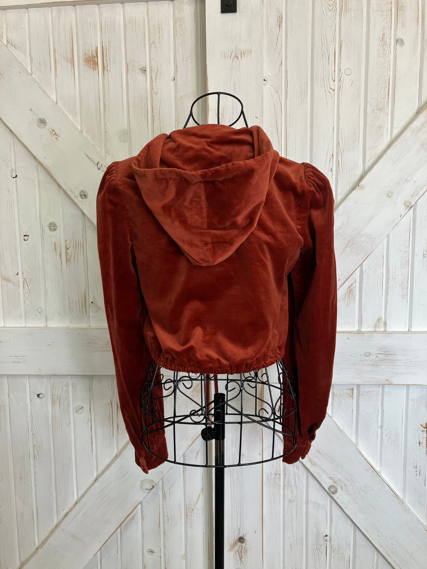 70's Vintage Strawberry Plant Dorothy Schoelen Burnt Orange Velvet Crop Hoodie Hippie Jacket