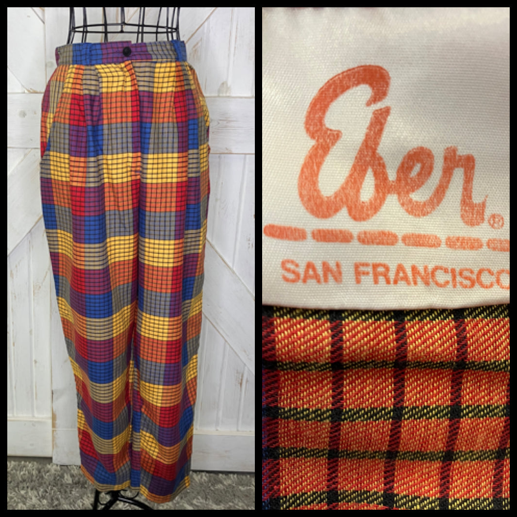 70's Vintage Eber San Francisco Rainbow Plaid Red Blue Yellow Pants Trousers