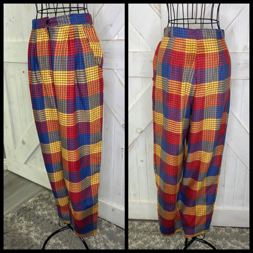 70's Vintage Eber San Francisco Rainbow Plaid Red Blue Yellow Pants Trousers