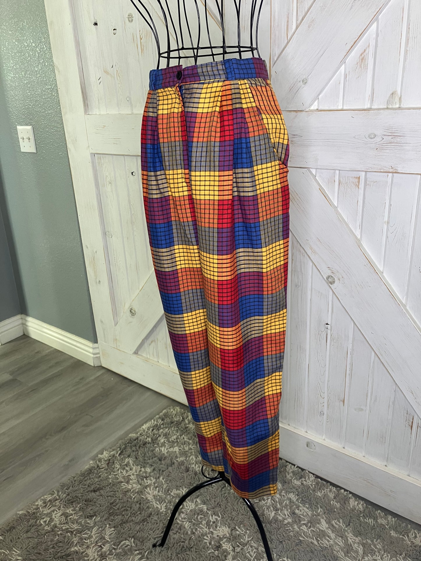 70's Vintage Eber San Francisco Rainbow Plaid Red Blue Yellow Pants Trousers