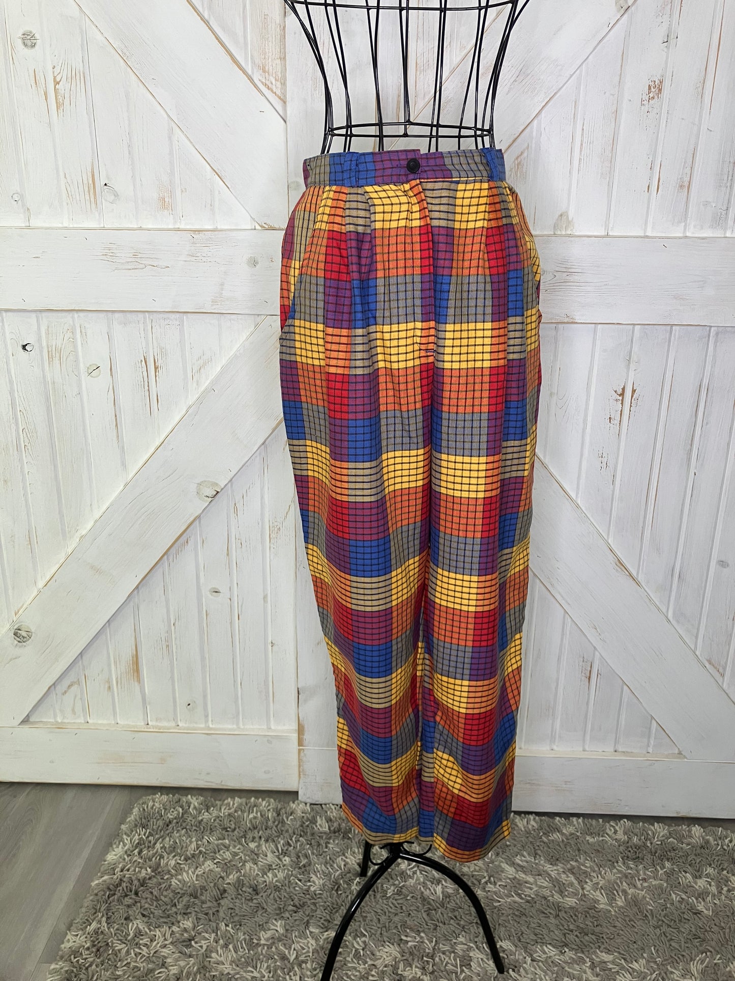 70's Vintage Eber San Francisco Rainbow Plaid Red Blue Yellow Pants Trousers