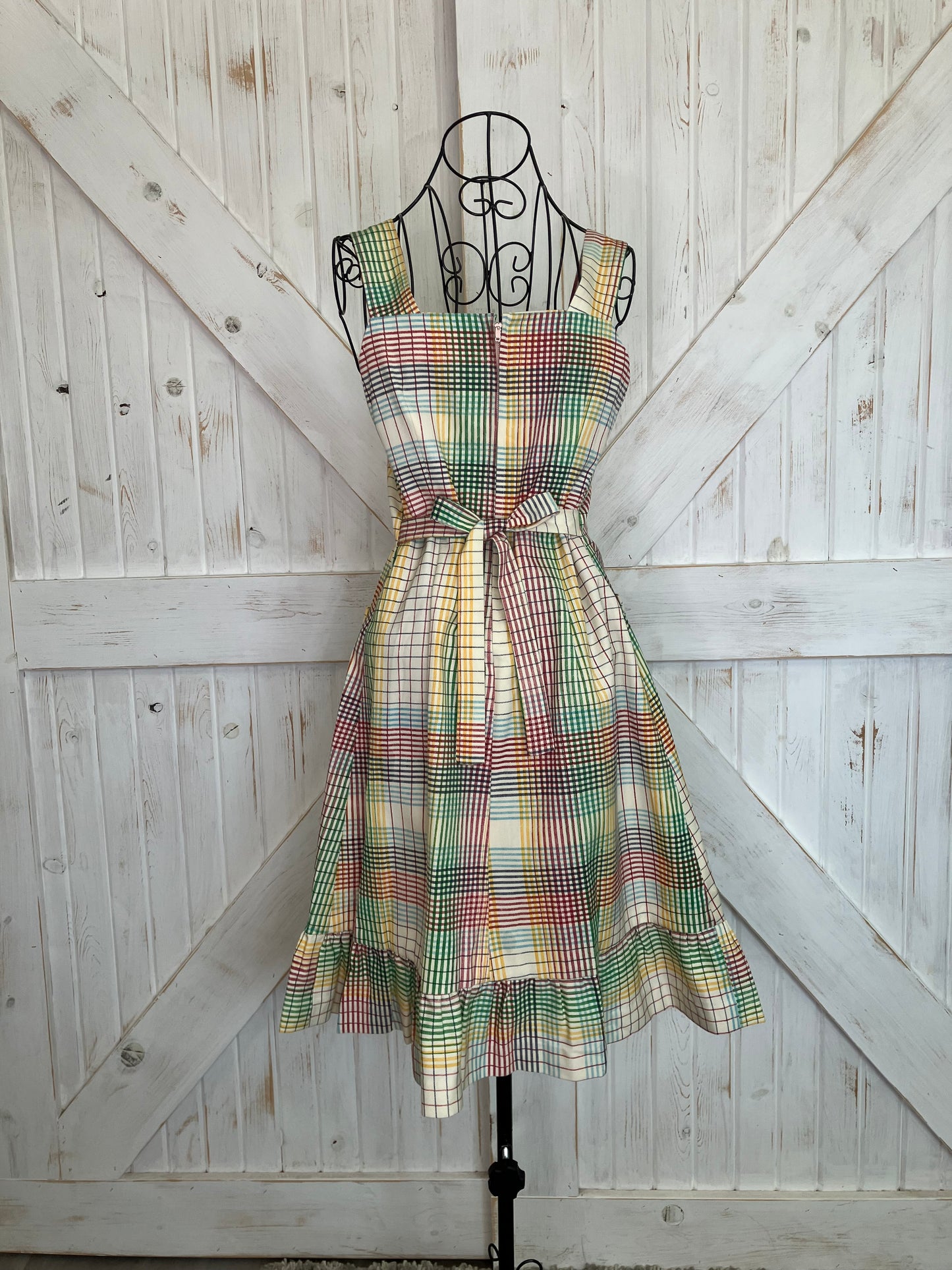 60's Vintage Rainbow White Red Green Blue Pinafore Go Go Sundress Mini Dress