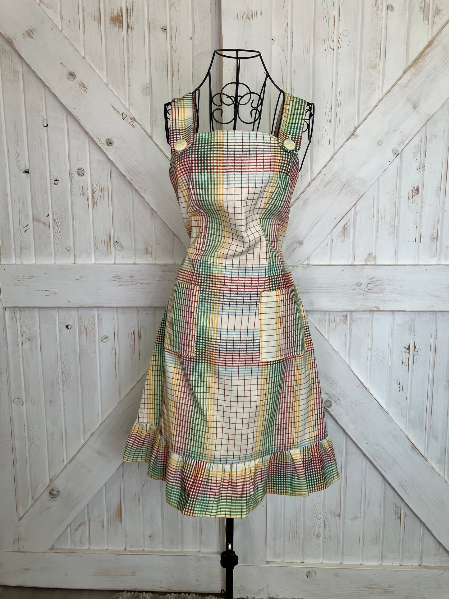 60's Vintage Rainbow White Red Green Blue Pinafore Go Go Sundress Mini Dress