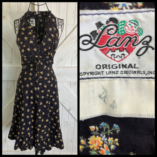 70's Vintage Lanz Original Black Blue Orange Calico Prairie Corset Midi Sundress Dress