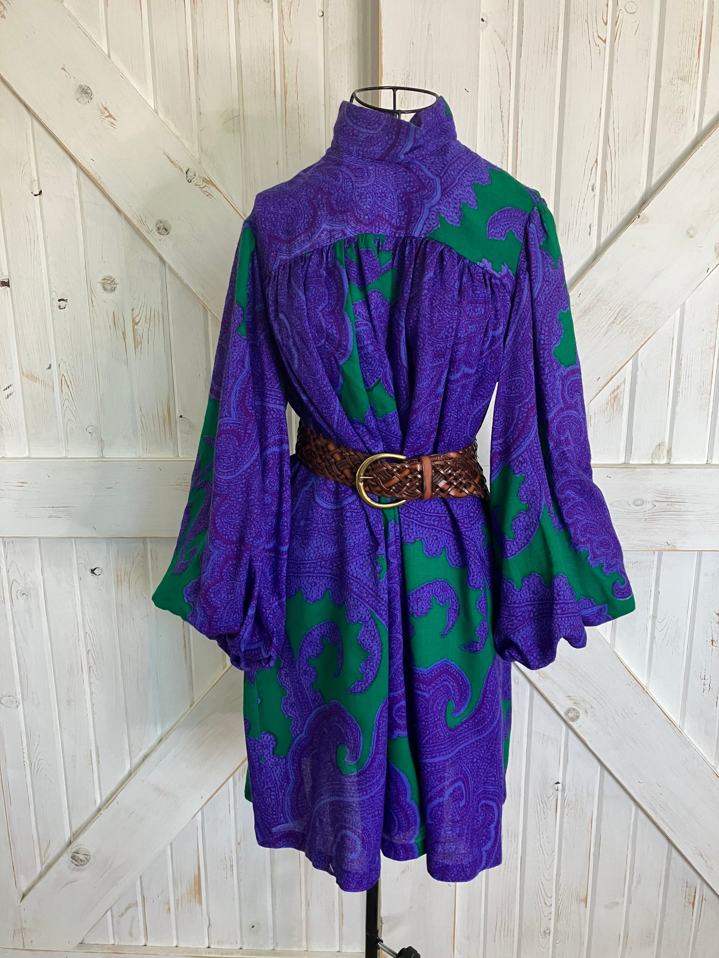 70's Vintage Joy Stevens California Purple Green Paisley Batik Puff Sleeve Go Go Tent Mini Dress