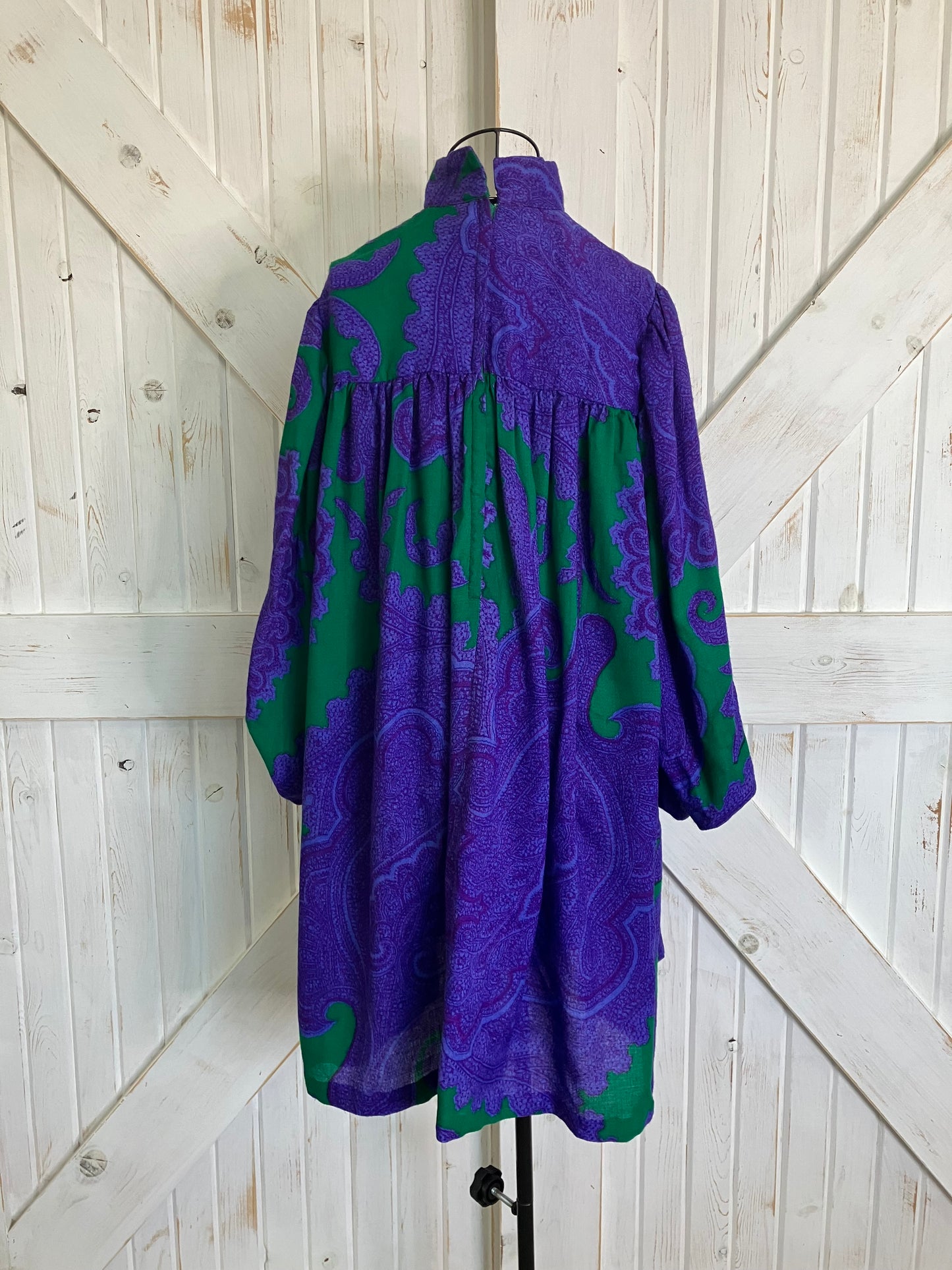 70's Vintage Joy Stevens California Purple Green Paisley Batik Puff Sleeve Go Go Tent Mini Dress