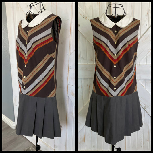 60's Vintage Lois Ann Juniors Brown Red Gray Chevron Stripe Marsha Brady Drop Waist Scooter Mini Dress