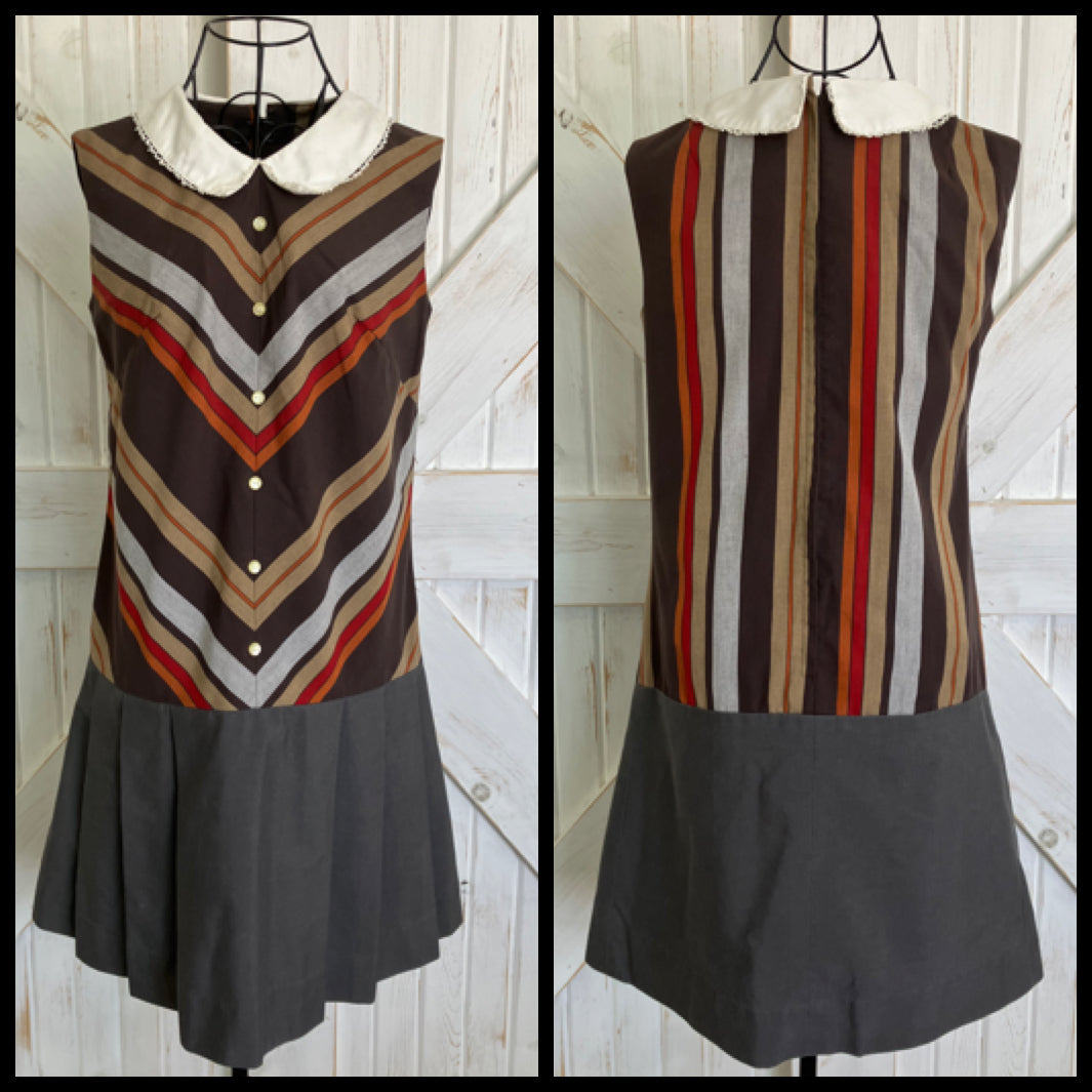 60's Vintage Lois Ann Juniors Brown Red Gray Chevron Stripe Marsha Brady Drop Waist Scooter Mini Dress