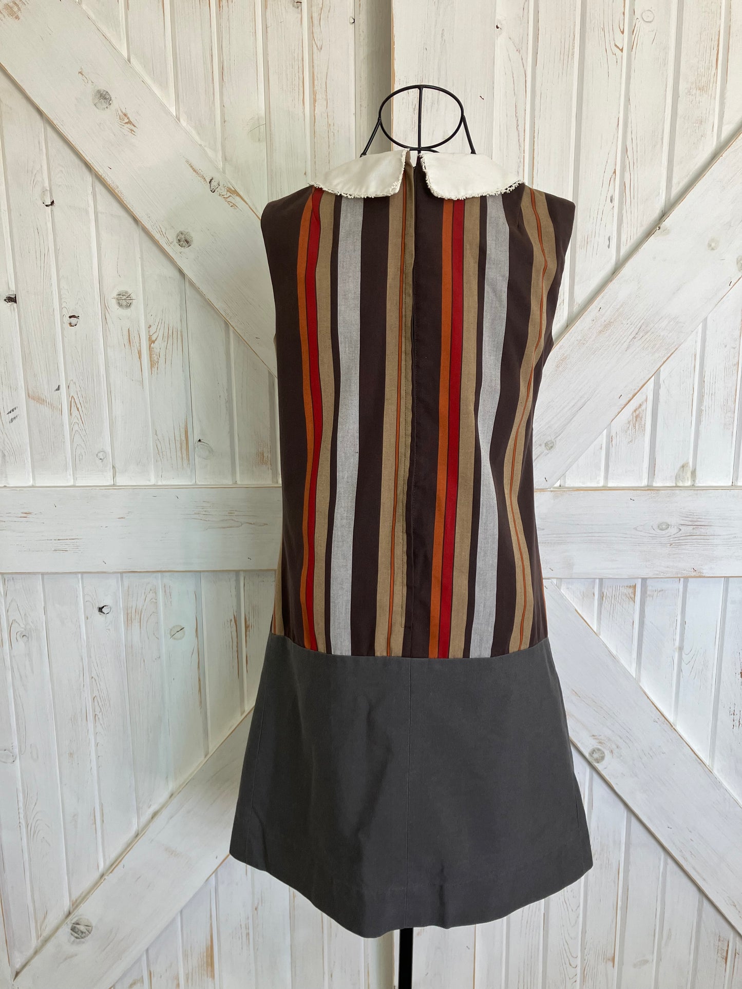 60's Vintage Lois Ann Juniors Brown Red Gray Chevron Stripe Marsha Brady Drop Waist Scooter Mini Dress